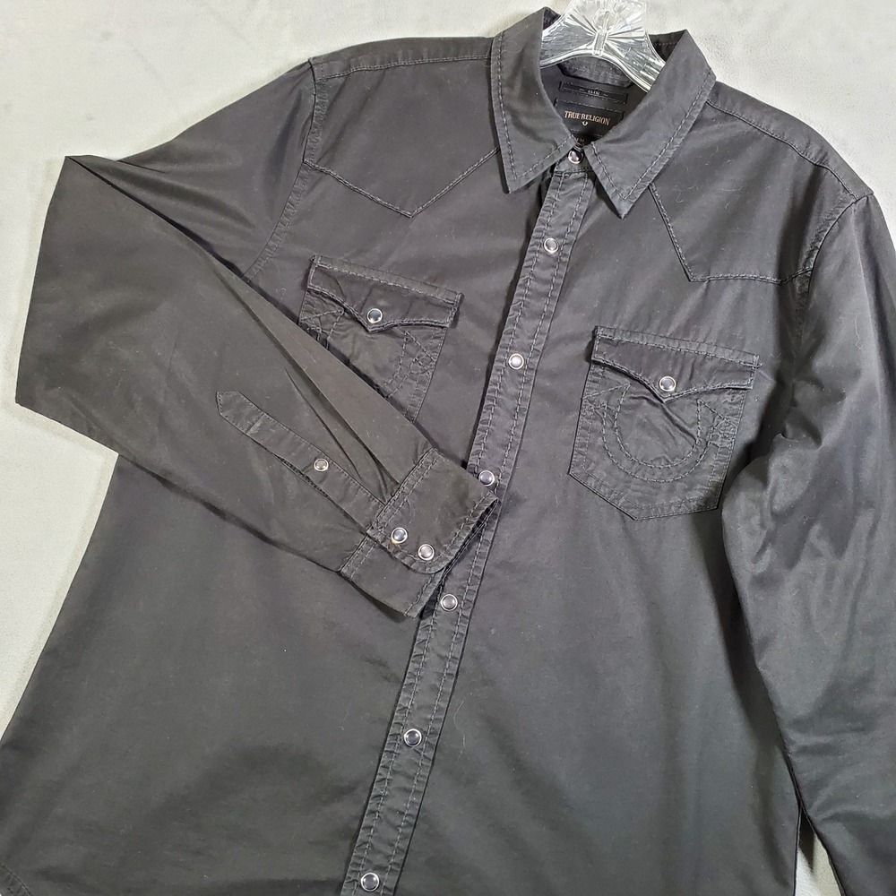 True Religion Western Shirt Mens M Black Long Sleeve Pearl Snap Goth Grunge Rock